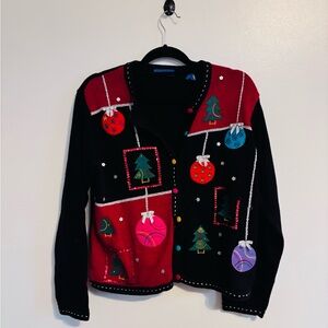 Karen Scott black Christmas cardigan with tree ornaments size large. Mild wear